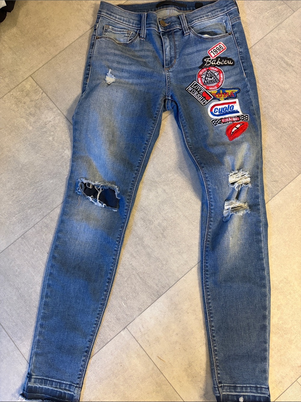 Black Label Distressed Blue Women's Jeans with Patchwork